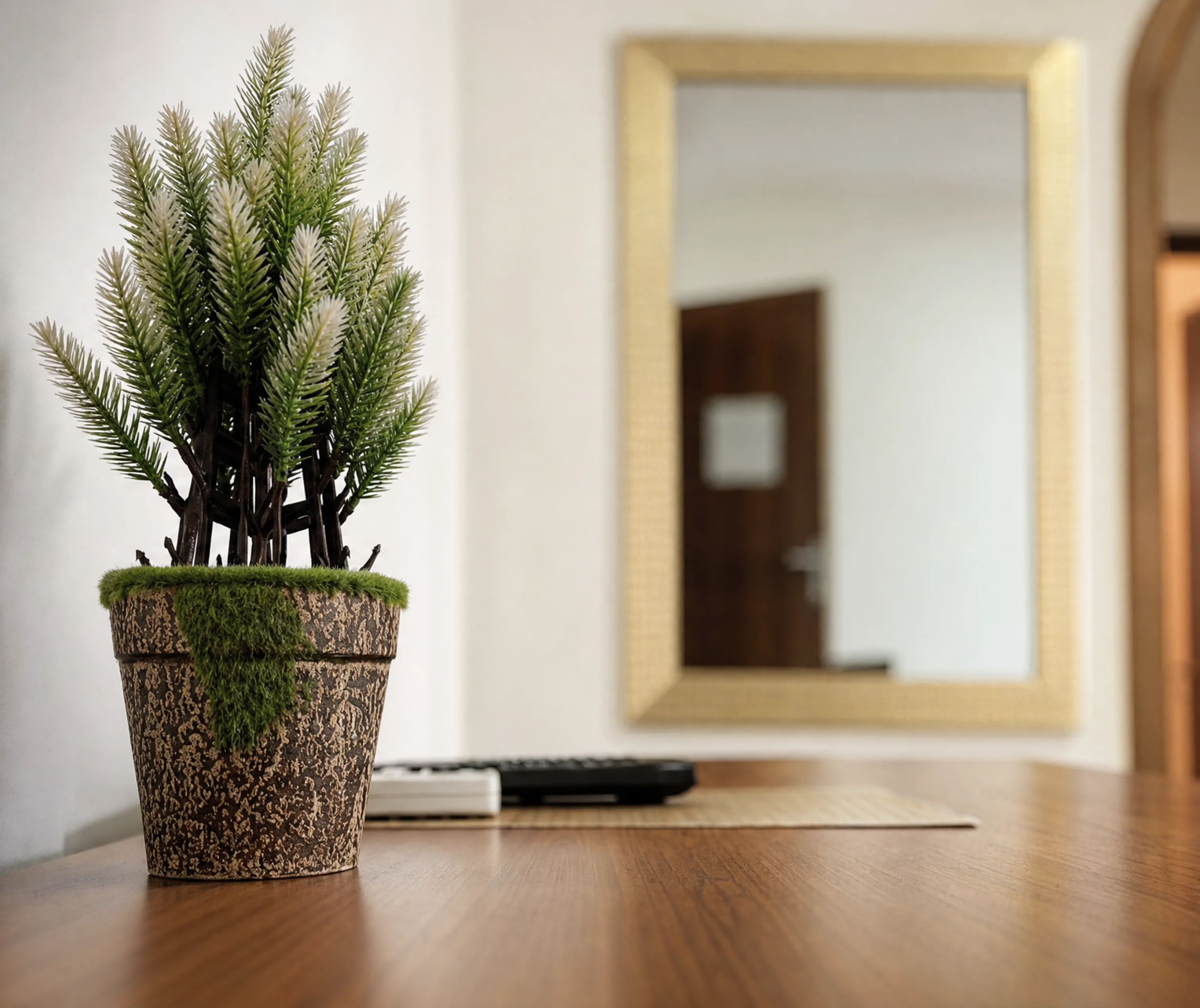 A potted plant on a desk, with a framed mirror behind